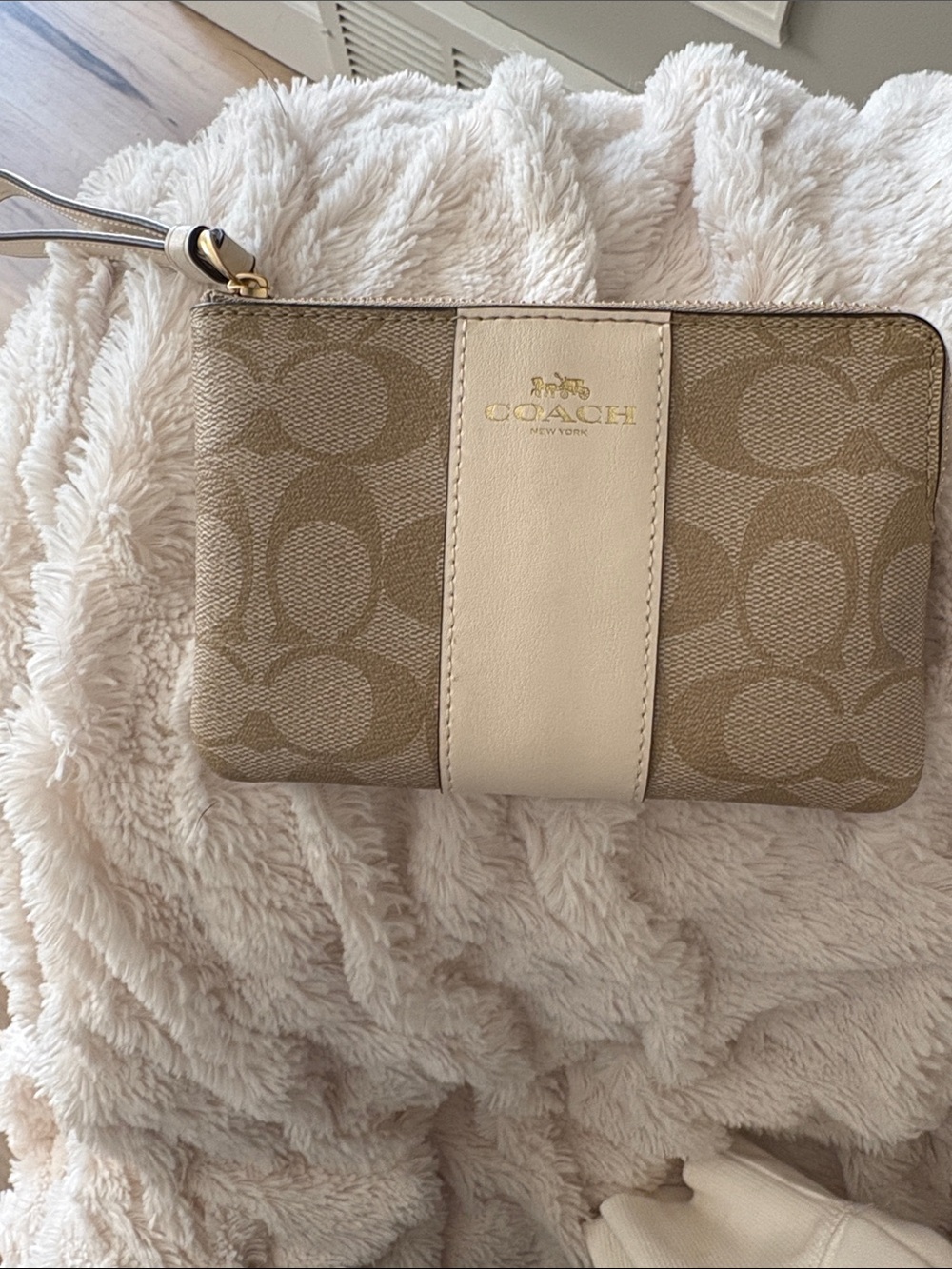 Coach Beige Signature Canvas Wristlet with Cream Center Panel